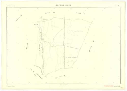 Plans minutes de conservation : BOIGNEVILLE : tableau d'assemblage, ech. 1/10000 (1961), sections AB, AH, AI, AK, AL, AM, AN, ZA, ZB, ZC, ZD, ZE, ZH, ZI, ZK, ZL, ZM, ZN, ZO, ZP, ZR1, ZR2, ech. 1/2000 (1961), sections AC, AD, AE, AO, ech. 1/1000 (1961), NB