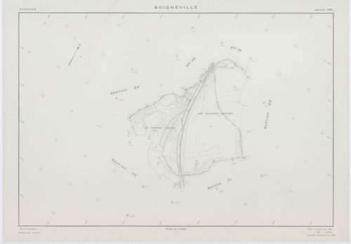 BOIGNEVILLE, plans minutes de conservation : tableau d'assemblage,1961, Ech. 1/10000 ; plans des sections AB, AH, AI, AK, AL, AM, AN, ZA, ZB, ZC, ZD, ZE, ZH, ZI, ZK, ZL, ZN, ZO, ZP, ZR, 1961, Ech. 1/2000, sections AC, AD, AE, AO, 1961, Ech. 1/1000. Polyes