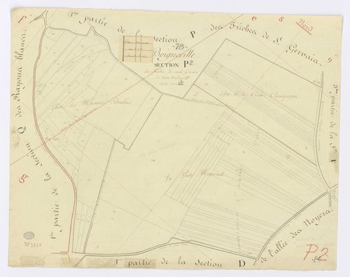 BOIGNEVILLE. - Section P - Friches de Saint-Gervais (les), 2, ech. 1/1250, coul., aquarelle, papier, 53x65 (1813). 