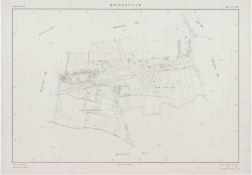 BOIGNEVILLE, plans minutes de conservation : tableau d'assemblage,1961, Ech. 1/10000 ; plans des sections AB, AH, AI, AK, AL, AM, AN, ZA, ZB, ZC, ZD, ZE, ZH, ZI, ZK, ZL, ZN, ZO, ZP, ZR, 1961, Ech. 1/2000, sections AC, AD, AE, AO, 1961, Ech. 1/1000. Polyes