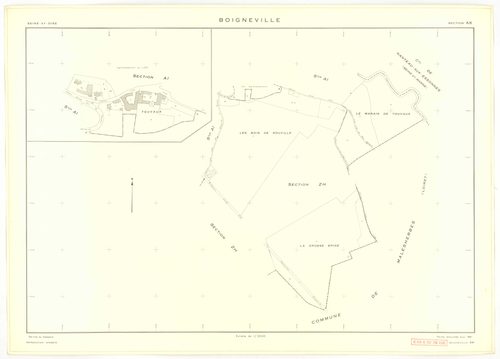 Plans minutes de conservation : BOIGNEVILLE : tableau d'assemblage, ech. 1/10000 (1961), sections AB, AH, AI, AK, AL, AM, AN, ZA, ZB, ZC, ZD, ZE, ZH, ZI, ZK, ZL, ZM, ZN, ZO, ZP, ZR1, ZR2, ech. 1/2000 (1961), sections AC, AD, AE, AO, ech. 1/1000 (1961), NB