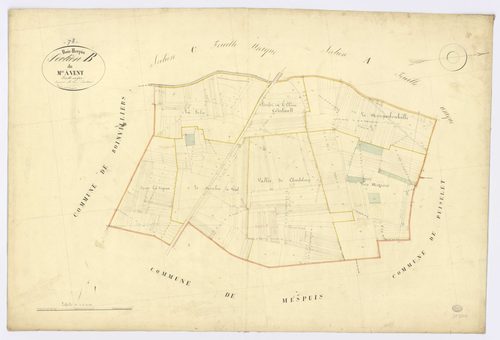 BOIS-HERPIN. - Section B - Moulin à vent (le), ech. 1/2500, coul., aquarelle, papier, 69x100 (1832). 