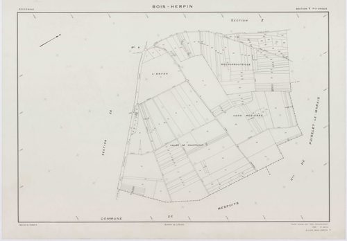 BOIS-HERPIN, plans minutes de conservation : tableau d'assemblage,1952, Ech. 1/5000; plans des sections W, X, Y, Z, 1952, Ech. 1/2000, section ZA, 1998, Ech. 1/2000. Polyester. N et B. Dim. 105 x 80 cm [6 plans]. 