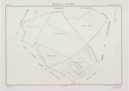 BOISSY-LA-RIVIERE, plans minutes de conservation : tableau d'assemblage,1940, Ech. 1/10000 ; plans des sections A, C1, C3, 1940, Ech. 1/2500, section C2, 1940, Ech. 1/1250, sections R, S, T, U, V, W, X, Y, Z, 1955, Ech. 1/2000. Polyester. N et B. Dim. 105