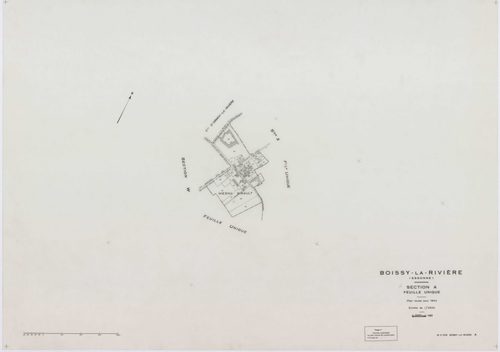 BOISSY-LA-RIVIERE, plans minutes de conservation : tableau d'assemblage,1940, Ech. 1/10000 ; plans des sections A, C1, C3, 1940, Ech. 1/2500, section C2, 1940, Ech. 1/1250, sections R, S, T, U, V, W, X, Y, Z, 1955, Ech. 1/2000. Polyester. N et B. Dim. 105