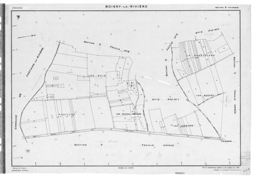 BOISSY-LA-RIVIERE . - Cadastre révisé pour 1940 : plans de la section C le Village 1ère feuille, idem 2ème feuille, idem 3 ème feuille ; cadastre révisé pour 1955 : plan de la section S, [4 plans] 
