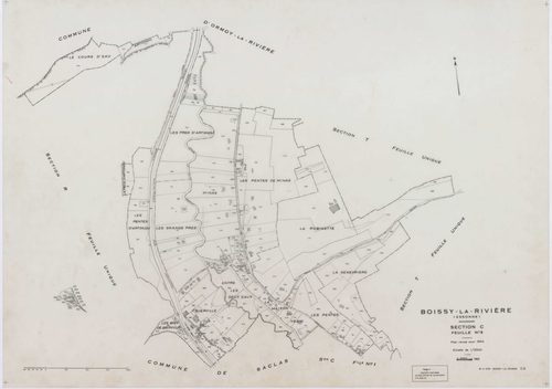 BOISSY-LA-RIVIERE, plans minutes de conservation : tableau d'assemblage,1940, Ech. 1/10000 ; plans des sections A, C1, C3, 1940, Ech. 1/2500, section C2, 1940, Ech. 1/1250, sections R, S, T, U, V, W, X, Y, Z, 1955, Ech. 1/2000. Polyester. N et B. Dim. 105