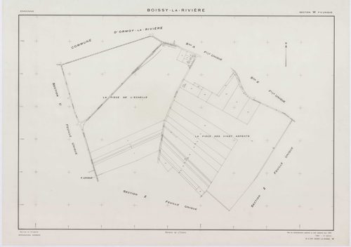 BOISSY-LA-RIVIERE, plans minutes de conservation : tableau d'assemblage,1940, Ech. 1/10000 ; plans des sections A, C1, C3, 1940, Ech. 1/2500, section C2, 1940, Ech. 1/1250, sections R, S, T, U, V, W, X, Y, Z, 1955, Ech. 1/2000. Polyester. N et B. Dim. 105