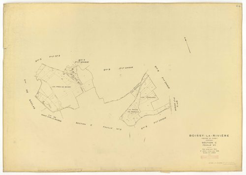 Plans minutes de conservation : BOISSY-LA-RIVIERE : tableau d'assemblage n°1, ech. 1/10000 (1940), sections A, C1, C3, C4, ech. 1/2500 (1940) ; sections B1, C1, C2, ech 1/1250 (1940) ; tableau d'assemblage n°2, ech. 1/10000 (1965), sections C1 et C3, ech.