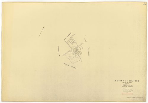Plans minutes de conservation : BOISSY-LA-RIVIERE : tableau d'assemblage n°1, ech. 1/10000 (1940), sections A, C1, C3, C4, ech. 1/2500 (1940) ; sections B1, C1, C2, ech 1/1250 (1940) ; tableau d'assemblage n°2, ech. 1/10000 (1965), sections C1 et C3, ech.