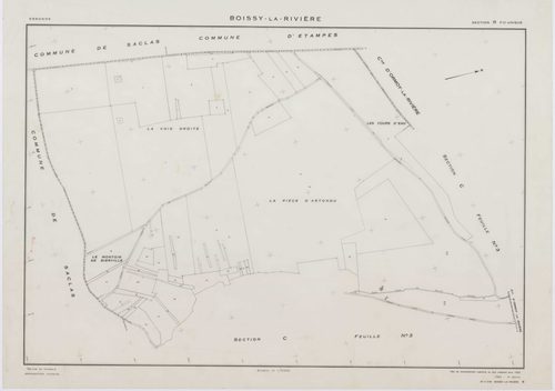 BOISSY-LA-RIVIERE, plans minutes de conservation : tableau d'assemblage,1940, Ech. 1/10000 ; plans des sections A, C1, C3, 1940, Ech. 1/2500, section C2, 1940, Ech. 1/1250, sections R, S, T, U, V, W, X, Y, Z, 1955, Ech. 1/2000. Polyester. N et B. Dim. 105
