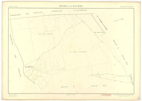 Plans minutes de conservation : BOISSY-LA-RIVIERE : tableau d'assemblage n°1, ech. 1/10000 (1940), sections A, C1, C3, C4, ech. 1/2500 (1940) ; sections B1, C1, C2, ech 1/1250 (1940) ; tableau d'assemblage n°2, ech. 1/10000 (1965), sections C1 et C3, ech.