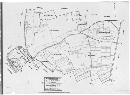 BOISSY-LA-RIVIERE . - Cadastre révisé pour 1940 : plans de la section C le Village 1ère feuille, idem 2ème feuille, idem 3 ème feuille ; cadastre révisé pour 1955 : plan de la section S, [4 plans] 
