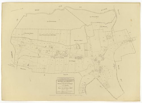 Plans minutes de conservation : BOISSY-LA-RIVIERE : tableau d'assemblage n°1, ech. 1/10000 (1940), sections A, C1, C3, C4, ech. 1/2500 (1940) ; sections B1, C1, C2, ech 1/1250 (1940) ; tableau d'assemblage n°2, ech. 1/10000 (1965), sections C1 et C3, ech.