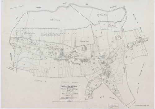 BOISSY-LA-RIVIERE, plans minutes de conservation : tableau d'assemblage,1940, Ech. 1/10000 ; plans des sections A, C1, C3, 1940, Ech. 1/2500, section C2, 1940, Ech. 1/1250, sections R, S, T, U, V, W, X, Y, Z, 1955, Ech. 1/2000. Polyester. N et B. Dim. 105