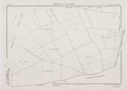 BOISSY-LA-RIVIERE, plans minutes de conservation : tableau d'assemblage,1940, Ech. 1/10000 ; plans des sections A, C1, C3, 1940, Ech. 1/2500, section C2, 1940, Ech. 1/1250, sections R, S, T, U, V, W, X, Y, Z, 1955, Ech. 1/2000. Polyester. N et B. Dim. 105