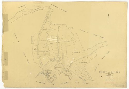 Plans minutes de conservation : BOISSY-LA-RIVIERE : tableau d'assemblage n°1, ech. 1/10000 (1940), sections A, C1, C3, C4, ech. 1/2500 (1940) ; sections B1, C1, C2, ech 1/1250 (1940) ; tableau d'assemblage n°2, ech. 1/10000 (1965), sections C1 et C3, ech.
