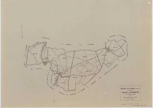 BOISSY-LA-RIVIERE, plans minutes de conservation : tableau d'assemblage,1940, Ech. 1/10000 ; plans des sections A, C1, C3, 1940, Ech. 1/2500, section C2, 1940, Ech. 1/1250, sections R, S, T, U, V, W, X, Y, Z, 1955, Ech. 1/2000. Polyester. N et B. Dim. 105
