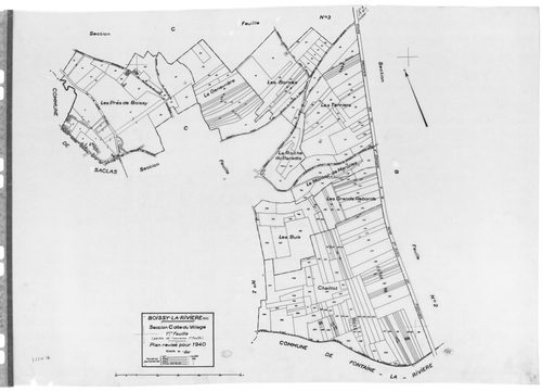 BOISSY-LA-RIVIERE . - Cadastre révisé pour 1940 : plans de la section C le Village 1ère feuille, idem 2ème feuille, idem 3 ème feuille ; cadastre révisé pour 1955 : plan de la section S, [4 plans] 