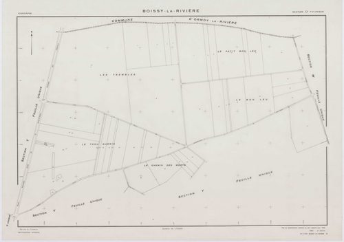 BOISSY-LA-RIVIERE, plans minutes de conservation : tableau d'assemblage,1940, Ech. 1/10000 ; plans des sections A, C1, C3, 1940, Ech. 1/2500, section C2, 1940, Ech. 1/1250, sections R, S, T, U, V, W, X, Y, Z, 1955, Ech. 1/2000. Polyester. N et B. Dim. 105