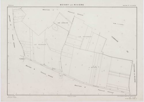 BOISSY-LA-RIVIERE, plans minutes de conservation : tableau d'assemblage,1940, Ech. 1/10000 ; plans des sections A, C1, C3, 1940, Ech. 1/2500, section C2, 1940, Ech. 1/1250, sections R, S, T, U, V, W, X, Y, Z, 1955, Ech. 1/2000. Polyester. N et B. Dim. 105