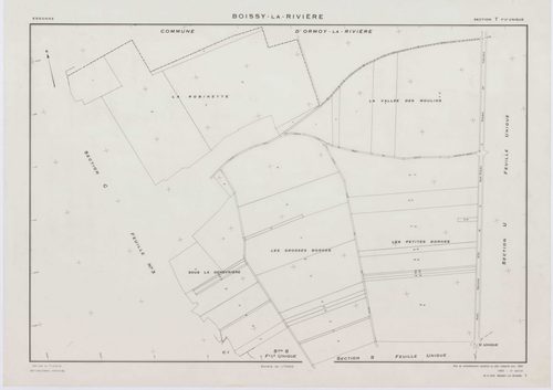 BOISSY-LA-RIVIERE, plans minutes de conservation : tableau d'assemblage,1940, Ech. 1/10000 ; plans des sections A, C1, C3, 1940, Ech. 1/2500, section C2, 1940, Ech. 1/1250, sections R, S, T, U, V, W, X, Y, Z, 1955, Ech. 1/2000. Polyester. N et B. Dim. 105