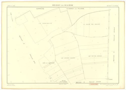 Plans minutes de conservation : BOISSY-LA-RIVIERE : tableau d'assemblage n°1, ech. 1/10000 (1940), sections A, C1, C3, C4, ech. 1/2500 (1940) ; sections B1, C1, C2, ech 1/1250 (1940) ; tableau d'assemblage n°2, ech. 1/10000 (1965), sections C1 et C3, ech.