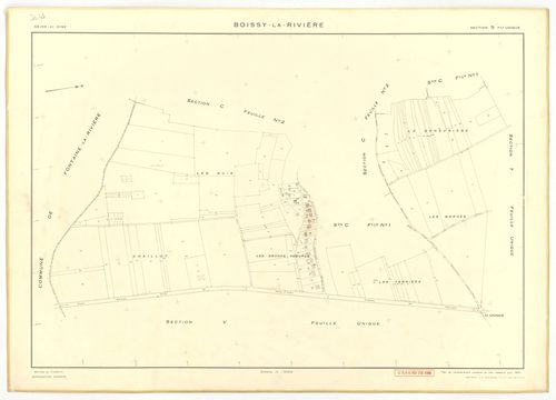 Plans minutes de conservation : BOISSY-LA-RIVIERE : tableau d'assemblage n°1, ech. 1/10000 (1940), sections A, C1, C3, C4, ech. 1/2500 (1940) ; sections B1, C1, C2, ech 1/1250 (1940) ; tableau d'assemblage n°2, ech. 1/10000 (1965), sections C1 et C3, ech.