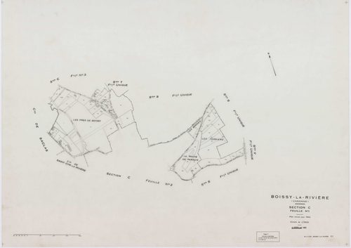 BOISSY-LA-RIVIERE, plans minutes de conservation : tableau d'assemblage,1940, Ech. 1/10000 ; plans des sections A, C1, C3, 1940, Ech. 1/2500, section C2, 1940, Ech. 1/1250, sections R, S, T, U, V, W, X, Y, Z, 1955, Ech. 1/2000. Polyester. N et B. Dim. 105