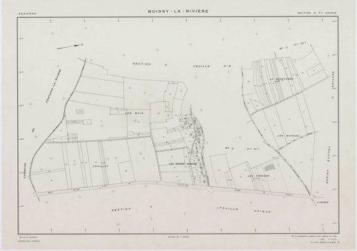 BOISSY-LA-RIVIERE, plans minutes de conservation : tableau d'assemblage,1940, Ech. 1/10000 ; plans des sections A, C1, C3, 1940, Ech. 1/2500, section C2, 1940, Ech. 1/1250, sections R, S, T, U, V, W, X, Y, Z, 1955, Ech. 1/2000. Polyester. N et B. Dim. 105