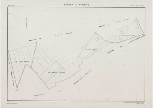 BOISSY-LA-RIVIERE, plans minutes de conservation : tableau d'assemblage,1940, Ech. 1/10000 ; plans des sections A, C1, C3, 1940, Ech. 1/2500, section C2, 1940, Ech. 1/1250, sections R, S, T, U, V, W, X, Y, Z, 1955, Ech. 1/2000. Polyester. N et B. Dim. 105