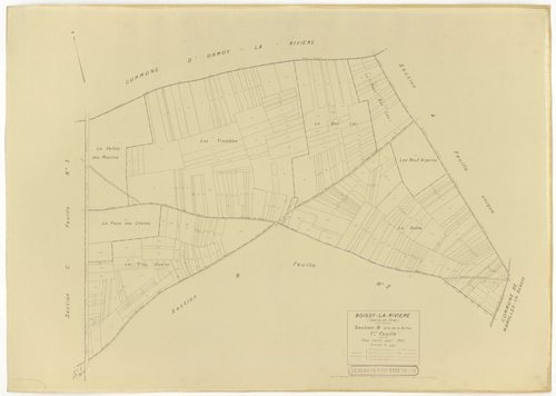 Plans minutes de conservation : BOISSY-LA-RIVIERE : tableau d'assemblage n°1, ech. 1/10000 (1940), sections A, C1, C3, C4, ech. 1/2500 (1940) ; sections B1, C1, C2, ech 1/1250 (1940) ; tableau d'assemblage n°2, ech. 1/10000 (1965), sections C1 et C3, ech.