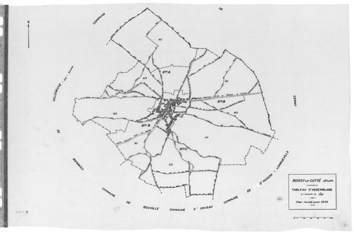 BOISSY-LE-CUTTE. - Cadastre révisé pour 1939 : plan du tableau d'assemblage, plans de la section A le Chemin Creux 1ère feuille, idem 2ème feuille, section B les Chemins de Cerny 1ère feuille, idem 2ème feuille, section C les Tessonnières 1ère feuille, id