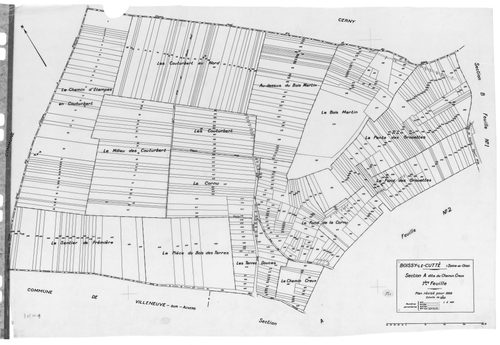 BOISSY-LE-CUTTE. - Cadastre révisé pour 1939 : plan du tableau d'assemblage, plans de la section A le Chemin Creux 1ère feuille, idem 2ème feuille, section B les Chemins de Cerny 1ère feuille, idem 2ème feuille, section C les Tessonnières 1ère feuille, id