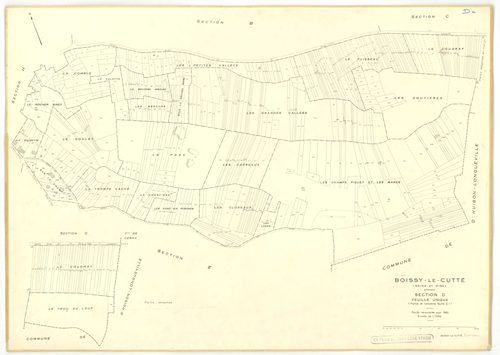 Plans minutes de conservation : BOISSY-LE-CUTTE : tableau d'assemblage, ech. 1/5000 (1939-1951), sections A1, B1, ech. 1/1250 (1939) ; sections A, B, ech. 1/2000, C, D, E, F, G, H, ech. 1/1250 (1951), NB, papier, 105x80, [11 plans]. 