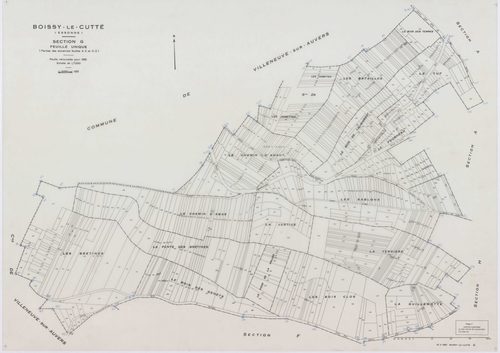 BOISSY-LE-CUTTE, plans minutes de conservation : tableau d'assemblage,1951, Ech. 1/5000 ; plans des sections A, B, 1951, Ech. 1/2000, sections C, D, E, F, G, H, 1951, Ech. 1/1250, section ZA, 1986, Ech. 1/2000. Polyester. N et B. Dim. 105 x 80 cm [10 plan