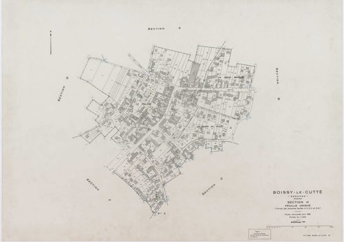 BOISSY-LE-CUTTE, plans minutes de conservation : tableau d'assemblage,1951, Ech. 1/5000 ; plans des sections A, B, 1951, Ech. 1/2000, sections C, D, E, F, G, H, 1951, Ech. 1/1250, section ZA, 1986, Ech. 1/2000. Polyester. N et B. Dim. 105 x 80 cm [10 plan