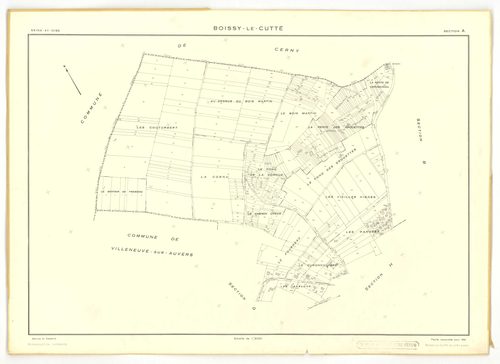 Plans minutes de conservation : BOISSY-LE-CUTTE : tableau d'assemblage, ech. 1/5000 (1939-1951), sections A1, B1, ech. 1/1250 (1939) ; sections A, B, ech. 1/2000, C, D, E, F, G, H, ech. 1/1250 (1951), NB, papier, 105x80, [11 plans]. 