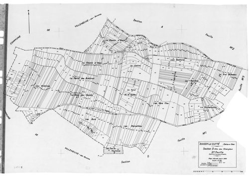 BOISSY-LE-CUTTE. - Cadastre révisé pour 1939 : plan du tableau d'assemblage, plans de la section A le Chemin Creux 1ère feuille, idem 2ème feuille, section B les Chemins de Cerny 1ère feuille, idem 2ème feuille, section C les Tessonnières 1ère feuille, id