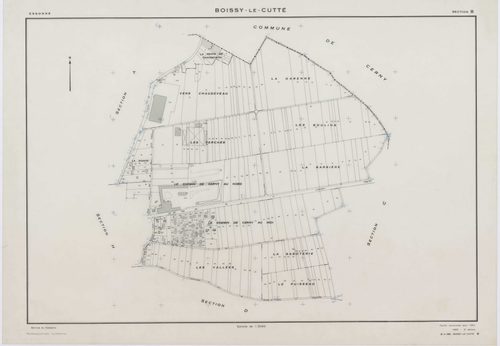 BOISSY-LE-CUTTE, plans minutes de conservation : tableau d'assemblage,1951, Ech. 1/5000 ; plans des sections A, B, 1951, Ech. 1/2000, sections C, D, E, F, G, H, 1951, Ech. 1/1250, section ZA, 1986, Ech. 1/2000. Polyester. N et B. Dim. 105 x 80 cm [10 plan