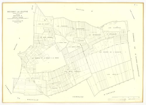 Plans minutes de conservation : BOISSY-LE-CUTTE : tableau d'assemblage, ech. 1/5000 (1939-1951), sections A1, B1, ech. 1/1250 (1939) ; sections A, B, ech. 1/2000, C, D, E, F, G, H, ech. 1/1250 (1951), NB, papier, 105x80, [11 plans]. 