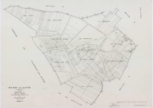 BOISSY-LE-CUTTE, plans minutes de conservation : tableau d'assemblage,1951, Ech. 1/5000 ; plans des sections A, B, 1951, Ech. 1/2000, sections C, D, E, F, G, H, 1951, Ech. 1/1250, section ZA, 1986, Ech. 1/2000. Polyester. N et B. Dim. 105 x 80 cm [10 plan