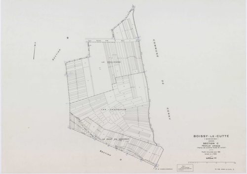 BOISSY-LE-CUTTE, plans minutes de conservation : tableau d'assemblage,1951, Ech. 1/5000 ; plans des sections A, B, 1951, Ech. 1/2000, sections C, D, E, F, G, H, 1951, Ech. 1/1250, section ZA, 1986, Ech. 1/2000. Polyester. N et B. Dim. 105 x 80 cm [10 plan