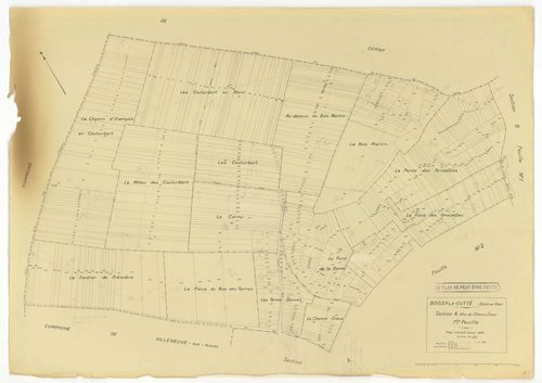 Plans minutes de conservation : BOISSY-LE-CUTTE : tableau d'assemblage, ech. 1/5000 (1939-1951), sections A1, B1, ech. 1/1250 (1939) ; sections A, B, ech. 1/2000, C, D, E, F, G, H, ech. 1/1250 (1951), NB, papier, 105x80, [11 plans]. 