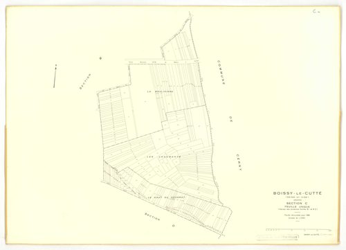 Plans minutes de conservation : BOISSY-LE-CUTTE : tableau d'assemblage, ech. 1/5000 (1939-1951), sections A1, B1, ech. 1/1250 (1939) ; sections A, B, ech. 1/2000, C, D, E, F, G, H, ech. 1/1250 (1951), NB, papier, 105x80, [11 plans]. 