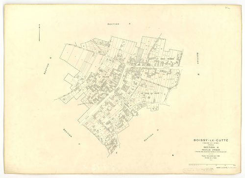 Plans minutes de conservation : BOISSY-LE-CUTTE : tableau d'assemblage, ech. 1/5000 (1939-1951), sections A1, B1, ech. 1/1250 (1939) ; sections A, B, ech. 1/2000, C, D, E, F, G, H, ech. 1/1250 (1951), NB, papier, 105x80, [11 plans]. 