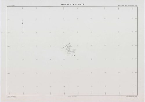 BOISSY-LE-CUTTE, plans minutes de conservation : tableau d'assemblage,1951, Ech. 1/5000 ; plans des sections A, B, 1951, Ech. 1/2000, sections C, D, E, F, G, H, 1951, Ech. 1/1250, section ZA, 1986, Ech. 1/2000. Polyester. N et B. Dim. 105 x 80 cm [10 plan