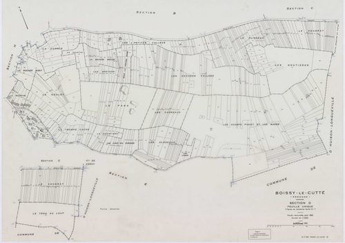 BOISSY-LE-CUTTE, plans minutes de conservation : tableau d'assemblage,1951, Ech. 1/5000 ; plans des sections A, B, 1951, Ech. 1/2000, sections C, D, E, F, G, H, 1951, Ech. 1/1250, section ZA, 1986, Ech. 1/2000. Polyester. N et B. Dim. 105 x 80 cm [10 plan