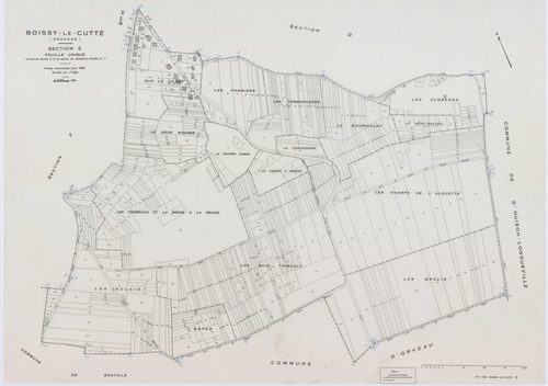 BOISSY-LE-CUTTE, plans minutes de conservation : tableau d'assemblage,1951, Ech. 1/5000 ; plans des sections A, B, 1951, Ech. 1/2000, sections C, D, E, F, G, H, 1951, Ech. 1/1250, section ZA, 1986, Ech. 1/2000. Polyester. N et B. Dim. 105 x 80 cm [10 plan