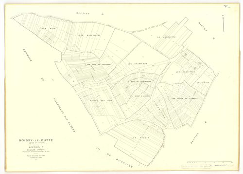 Plans minutes de conservation : BOISSY-LE-CUTTE : tableau d'assemblage, ech. 1/5000 (1939-1951), sections A1, B1, ech. 1/1250 (1939) ; sections A, B, ech. 1/2000, C, D, E, F, G, H, ech. 1/1250 (1951), NB, papier, 105x80, [11 plans]. 